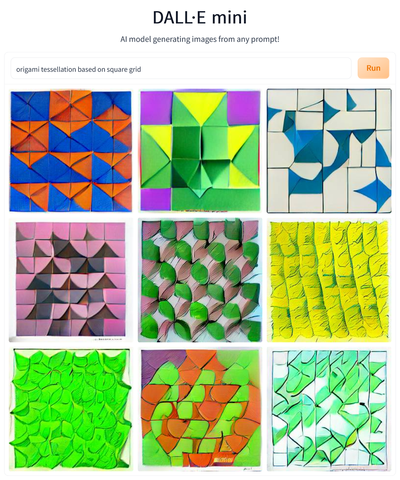 DALL-E Mini results for the prompt “origami tessellation based on square grid”