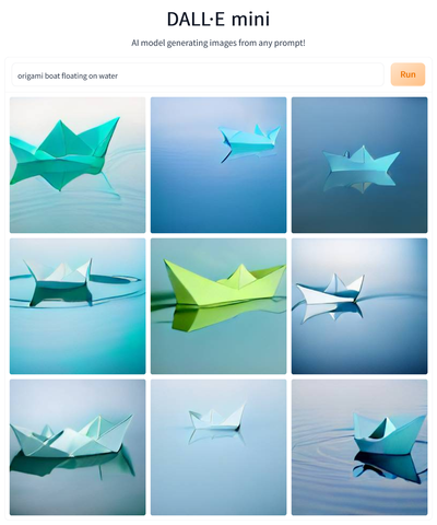 DALL-E Mini results for the prompt “origami boat floating on water”