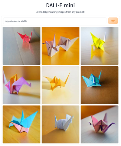 DALL-E Mini results for the prompt “origami crane on a table”