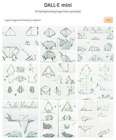 DALL-E Mini results for the prompt “origami diagrams for folding an elephant”