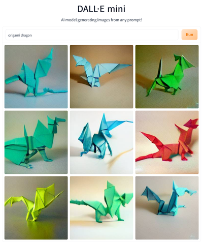 DALL-E Mini results for the prompt “origami dragon”