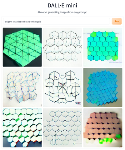 DALL-E Mini results for the prompt “origami tessellation based on hex grid”