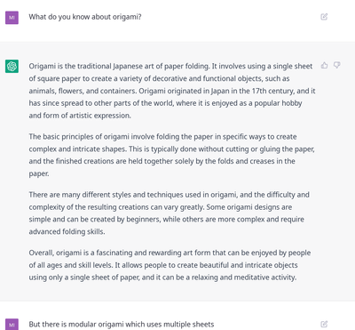 Conversation with ChatGPT, prompt “What do you know about origami?”