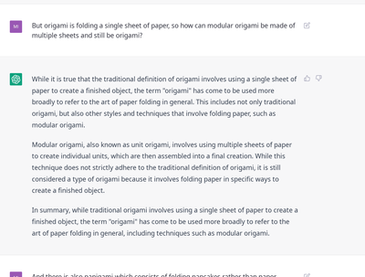 Conversation with ChatGPT, prompt “But origami is folding a single sheet of paper, so how can modular origami be made of multiple sheets and still be origami?”