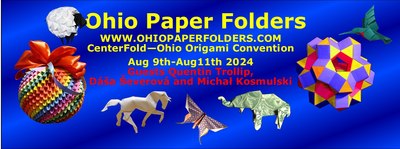 Centerfold 2024 banner (showing origami models on a blue background and the names of special guests), by Ohio Paperfolders