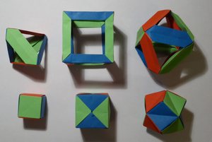 Comparison of tetrahedra, cubes, and octahedra folded from SEU units from 2:1 paper (top row) and square paper (Sonobe-like SEU, bottom row)